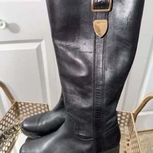 Coach Easton  Black Leather low block heel side zip knee boots